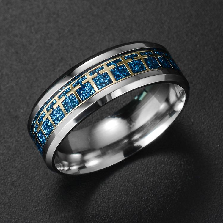 Best Selling Titanium Stylish Stainless Steel Cross Blue Gold Ring