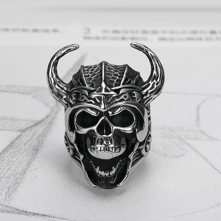 Punk Vintage Bull Warrior Skull Ring Stainless Steel Wholesale