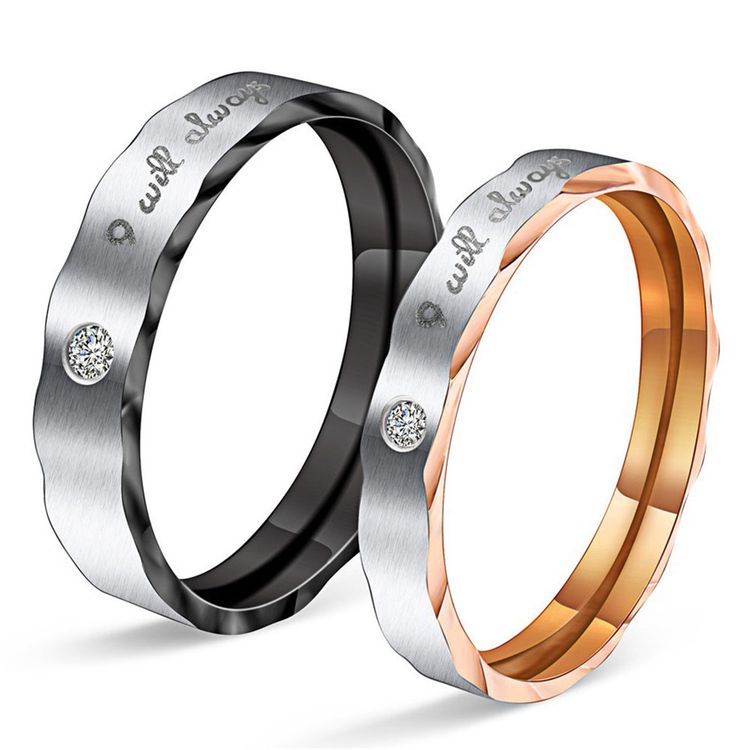 Creative Titanium Stainless Steel Rhinestone Couple Ring Rose Gold