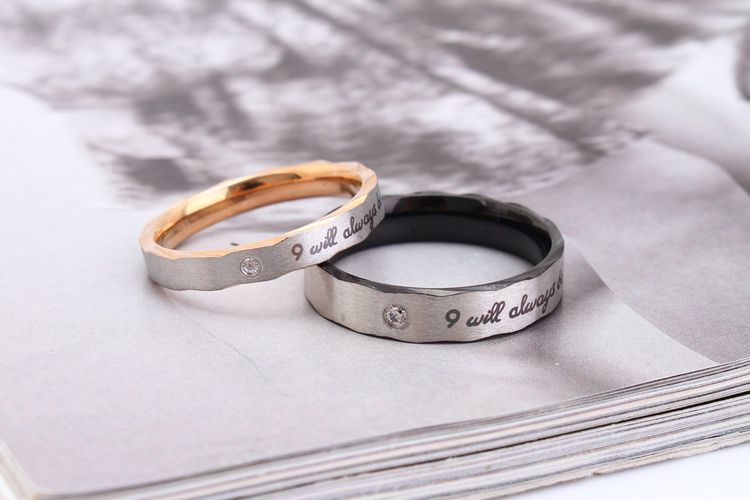 Creative Titanium Stainless Steel Rhinestone Couple Ring Rose Gold