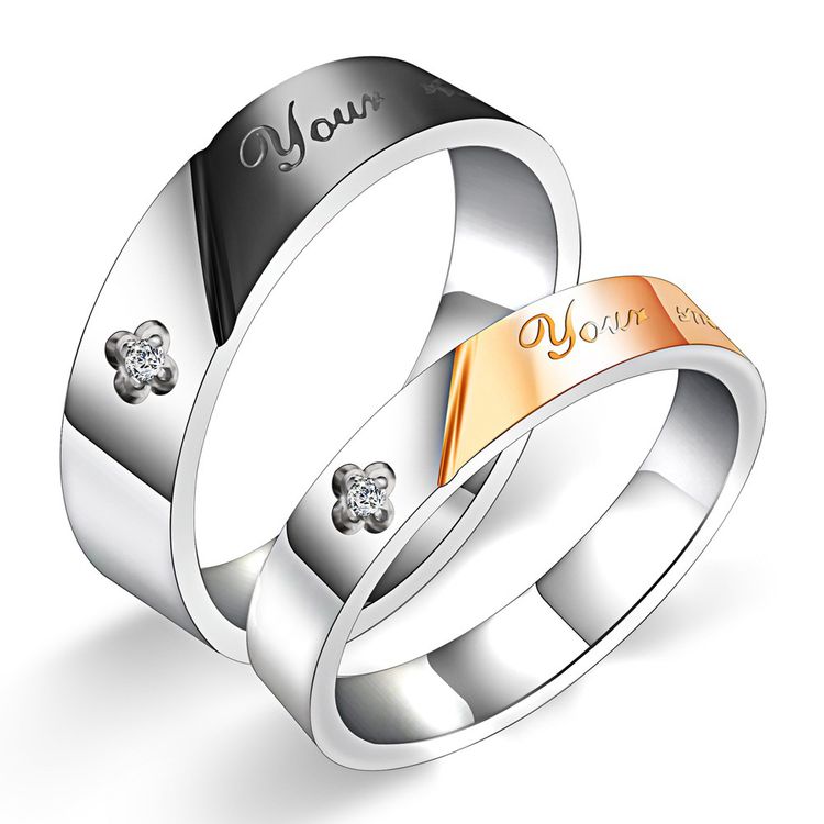 Titanium Stainless Steel Couple Rings Stylish Diamond Encrusted Alphabet Ring Wholesale