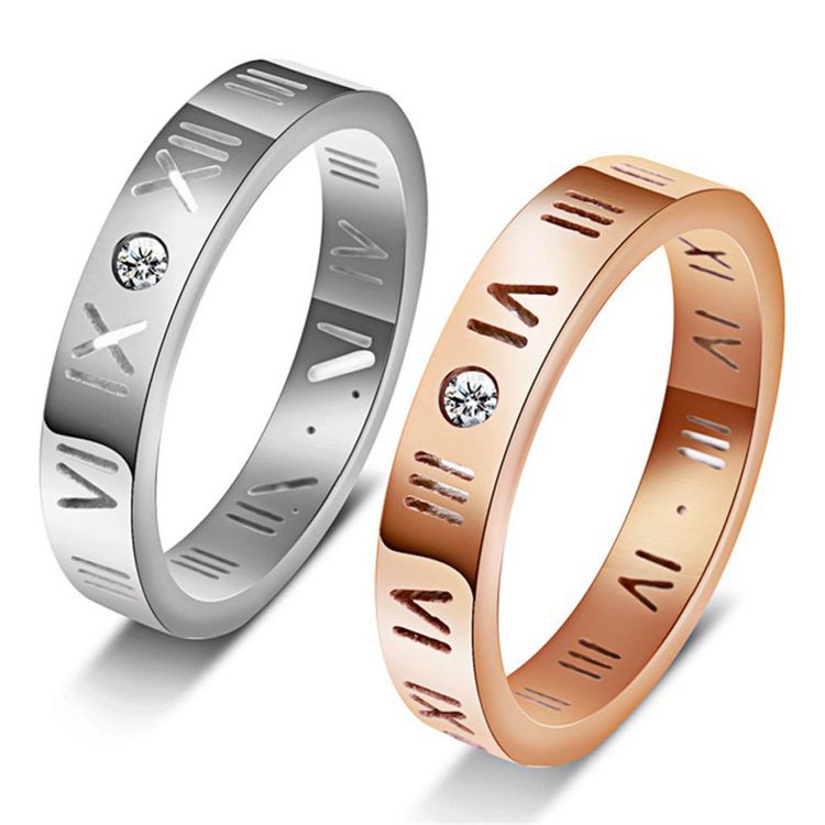 Fashion 18K Rose Gold Roman Numerals Lucky Ring Titanium Couple Rings