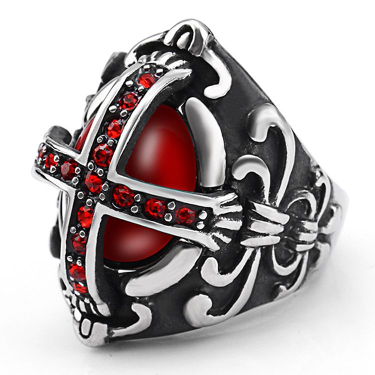New vintage gothic hipster men's cross ring stainless steel ring red with zirconia