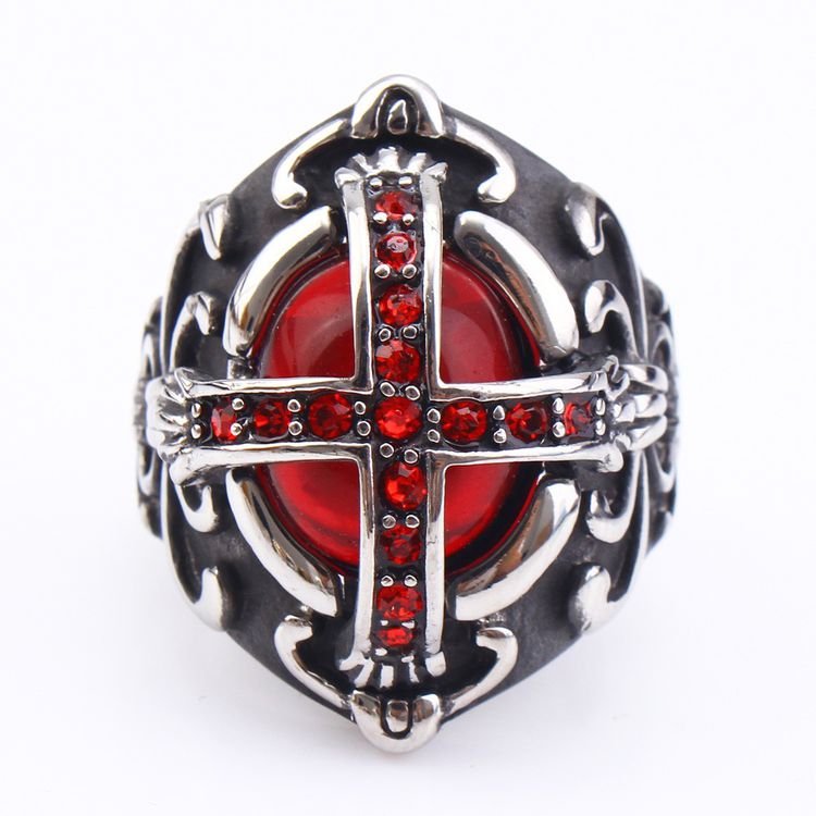 New vintage gothic hipster men's cross ring stainless steel ring red with zirconia