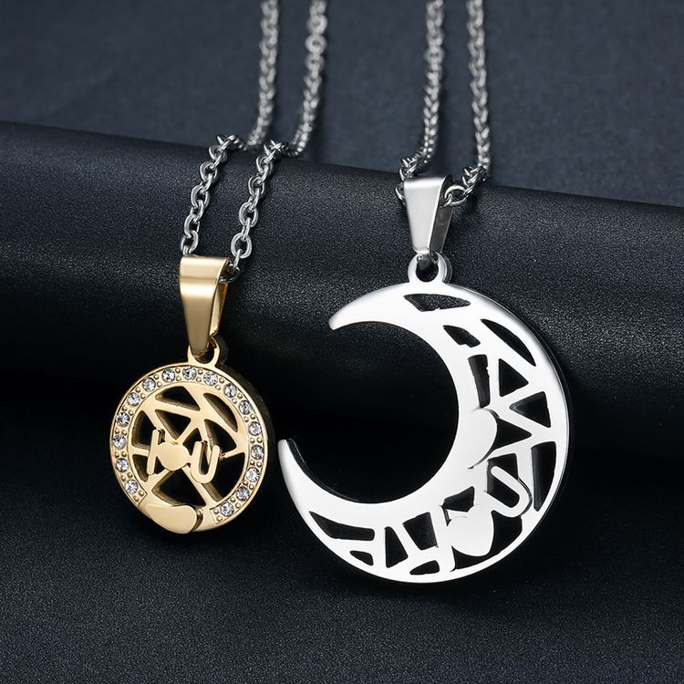 Wholesale LOVE YOU sun moon puzzle pendant zirconia titanium steel couple necklace