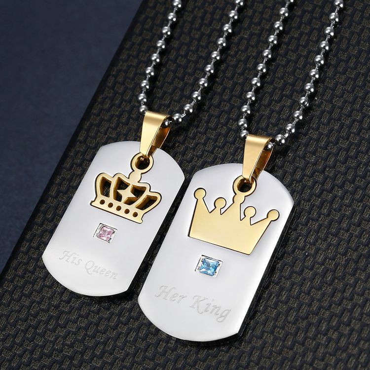 Titanium Stainless Steel Zirconia Crown Pendant Her King His Queen Wholesale Couple Necklace