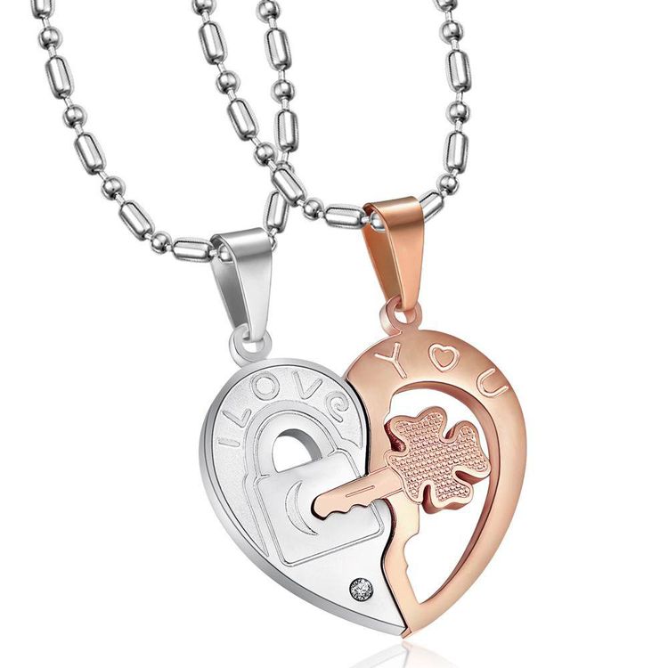 Fashion Heart with Zirconia Key Couple Pendant Titanium Steel Necklace 
