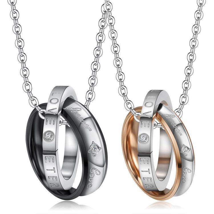 Korean fashion zirconia titanium steel double ring pendant couple necklace 
