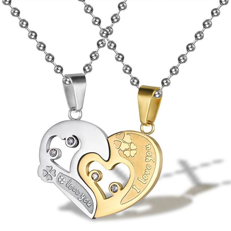 New Trendy love puzzle rhinestone stainless steel couple necklace 