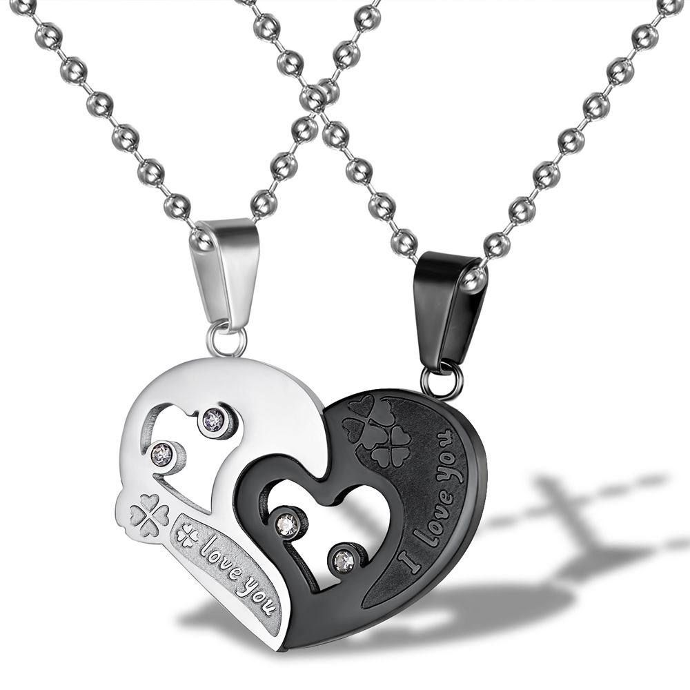 New Trendy love puzzle rhinestone stainless steel couple necklace  | Wholesale Jewelry Only 1