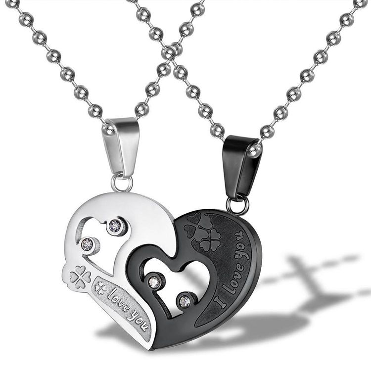 New Trendy love puzzle rhinestone stainless steel couple necklace 