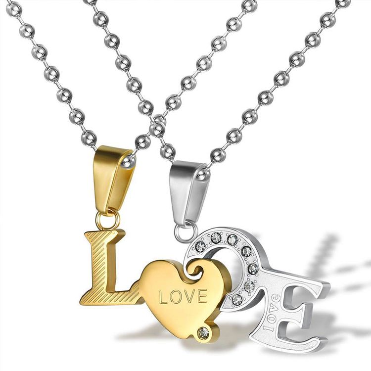 Wholesale Titanium Couple's Necklace LOVE Letters Zirconia Patchwork Pendant 