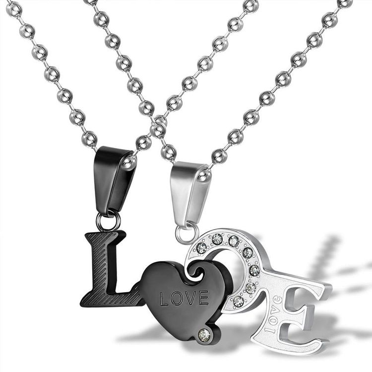 Wholesale Titanium Couple's Necklace LOVE Letters Zirconia Patchwork Pendant 