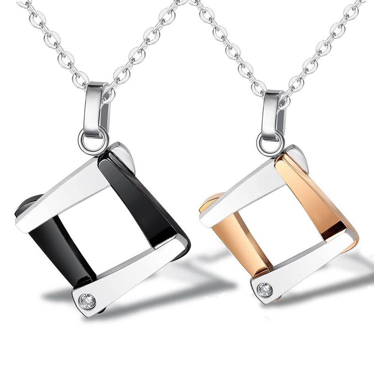Titanium Couple Necklace Personalized Quadrangle Cubic Zircon Pendant