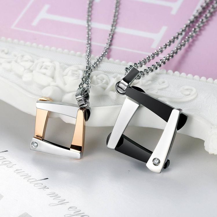 Titanium Couple Necklace Personalized Quadrangle Cubic Zircon Pendant