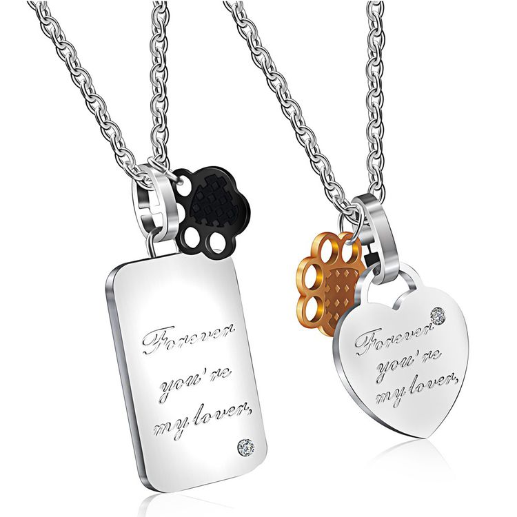 forever you're my lover Square Heart Tag Titanium Couple Necklace