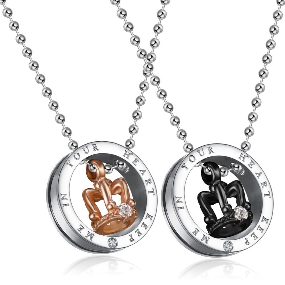 Black Gold Crown Circle Pendant Rhinestone Stainless Steel Couple Necklace | Wholesale Jewelry Only 0