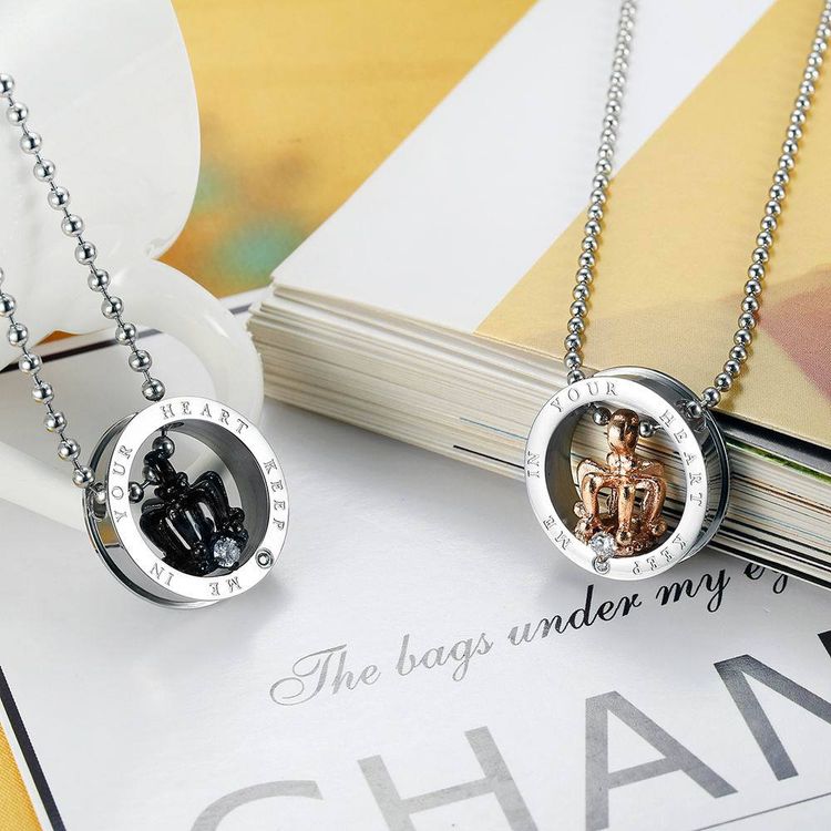 Black Gold Crown Circle Pendant Rhinestone Stainless Steel Couple Necklace