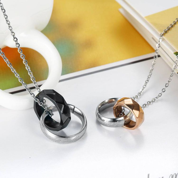 Double Loop Diamond Shape Titanium Couple's Necklace 