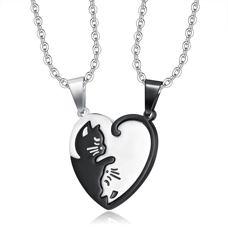 Titanium Steel Creative Black and White Cat Embrace Couple's Necklace