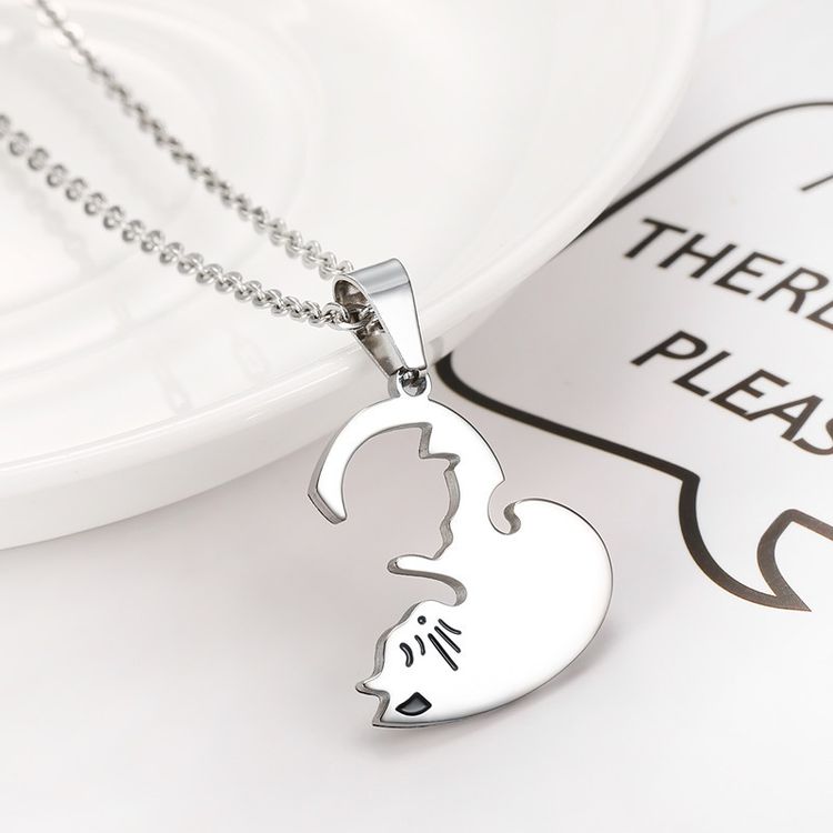 Titanium Steel Creative Black and White Cat Embrace Couple's Necklace