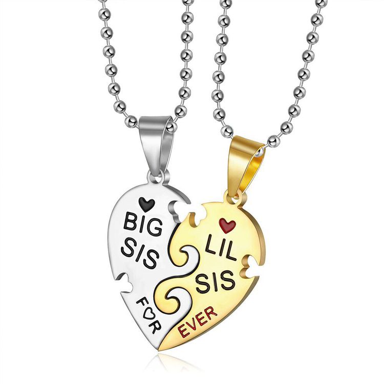 Big Little Sister Family Friendship Peach Heart Puzzle Stainless Steel Necklace