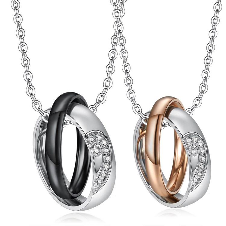 Fashion Heart Love CZ Jigsaw Titanium Couple Necklace