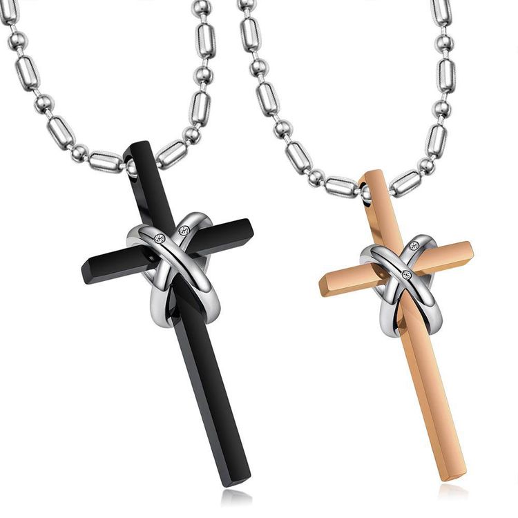 New Korean style titanium steel cross double ring CZ pendant couple necklace