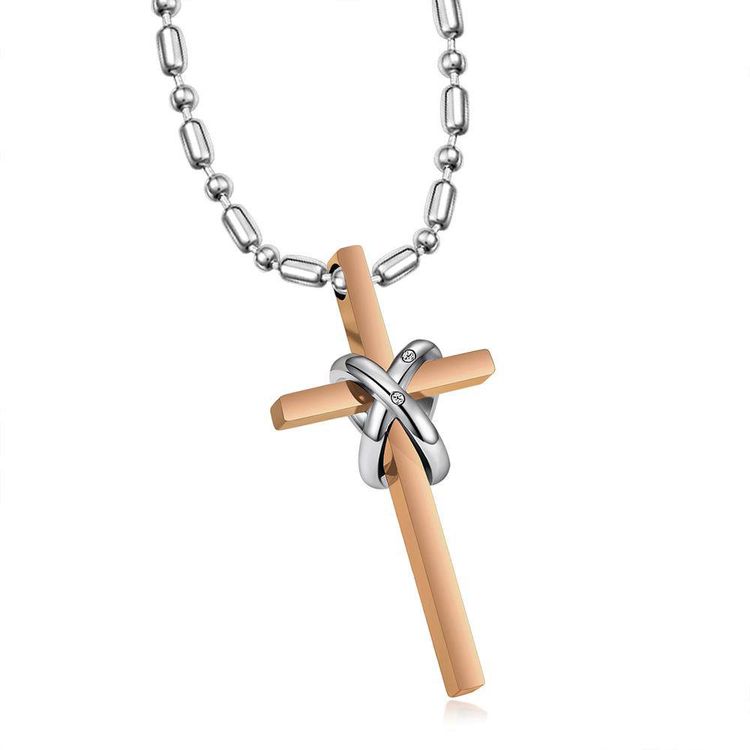 New Korean style titanium steel cross double ring CZ pendant couple necklace