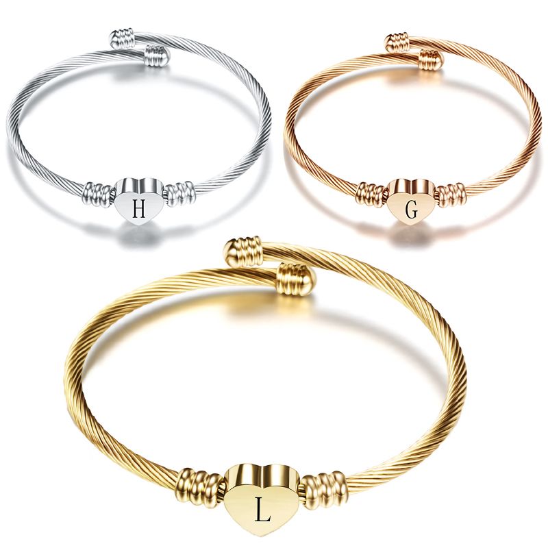 26 Alphabet Heart 316L Stainless Steel Bangle Bracelet | Wholesale Jewelry Only 0
