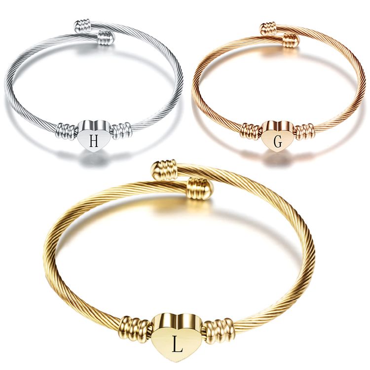 26 Alphabet Heart 316L Stainless Steel Bangle Bracelet