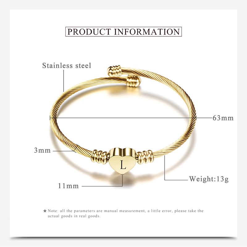 26 Alphabet Heart 316L Stainless Steel Bangle Bracelet | Wholesale Jewelry Only 1
