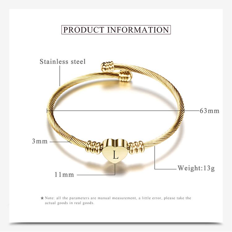 26 Alphabet Heart 316L Stainless Steel Bangle Bracelet