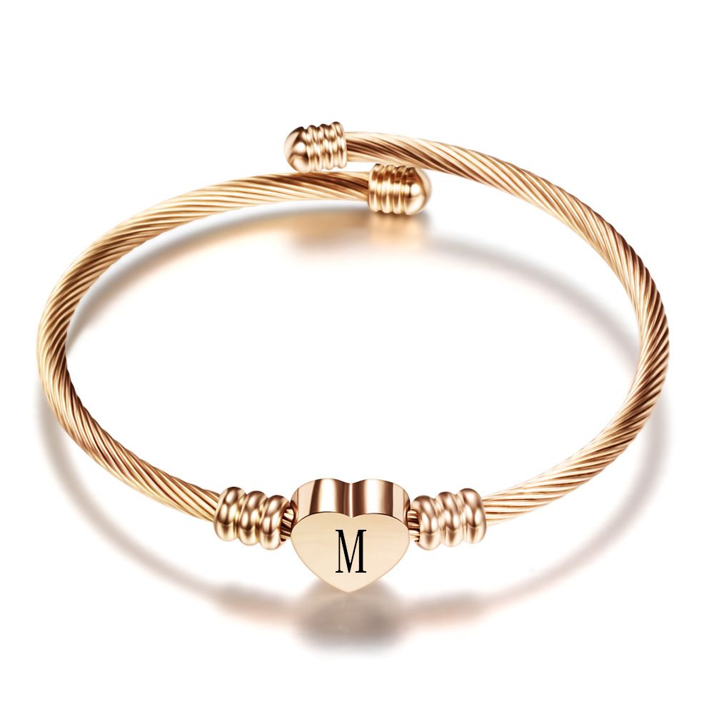 26 Alphabet Heart 316L Stainless Steel Bangle Bracelet | Wholesale Jewelry Only 4