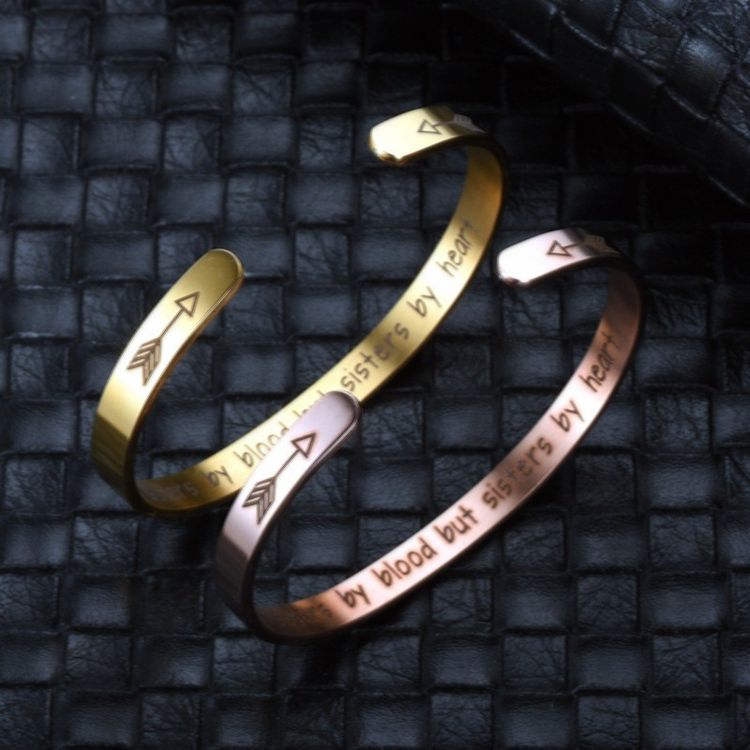 Not blood but sisters by heart Engraved Stainless Steel Adjustable Bracelet