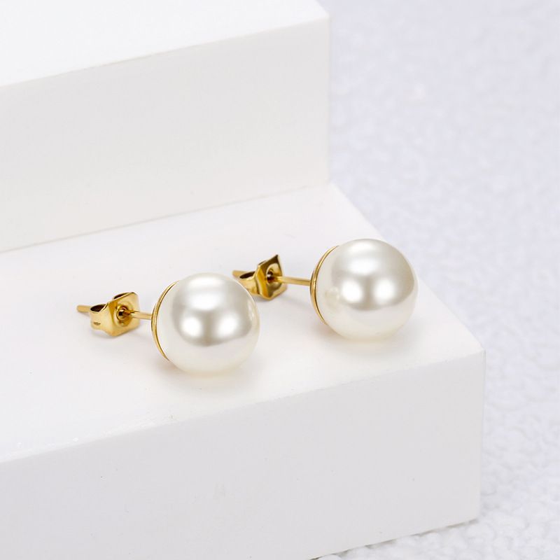 Trendy Artificial Pearls 18k Gold Plated Titanium Steel Women's Stud Earrings | Wholesale Jewelry Only 5
