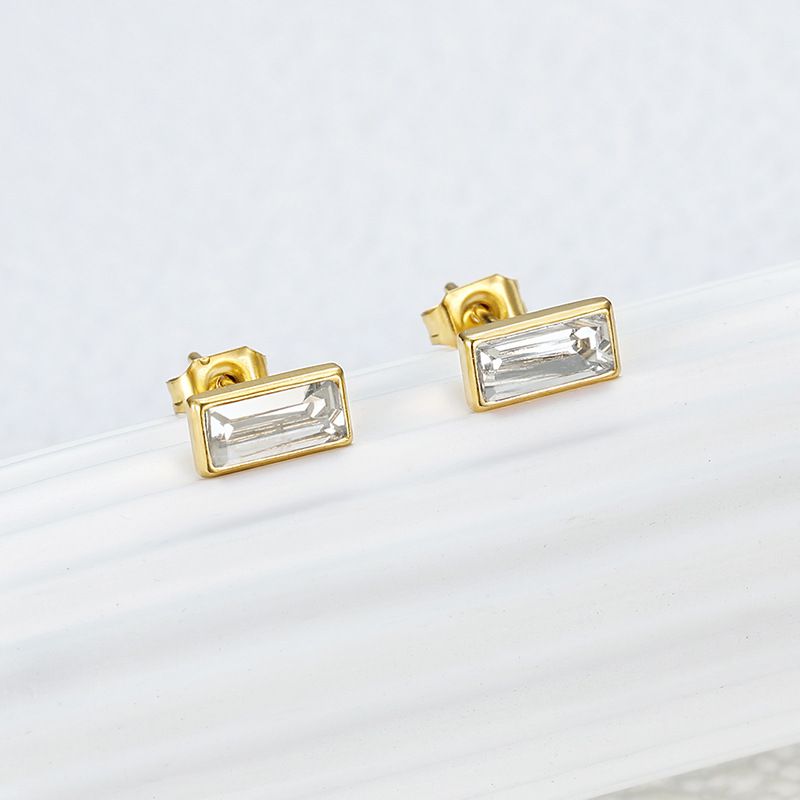 Fashion Square Zirconia Titanium Steel 18k Gold Plated Women's Stud Earrings | Wholesale Jewelry Only 4