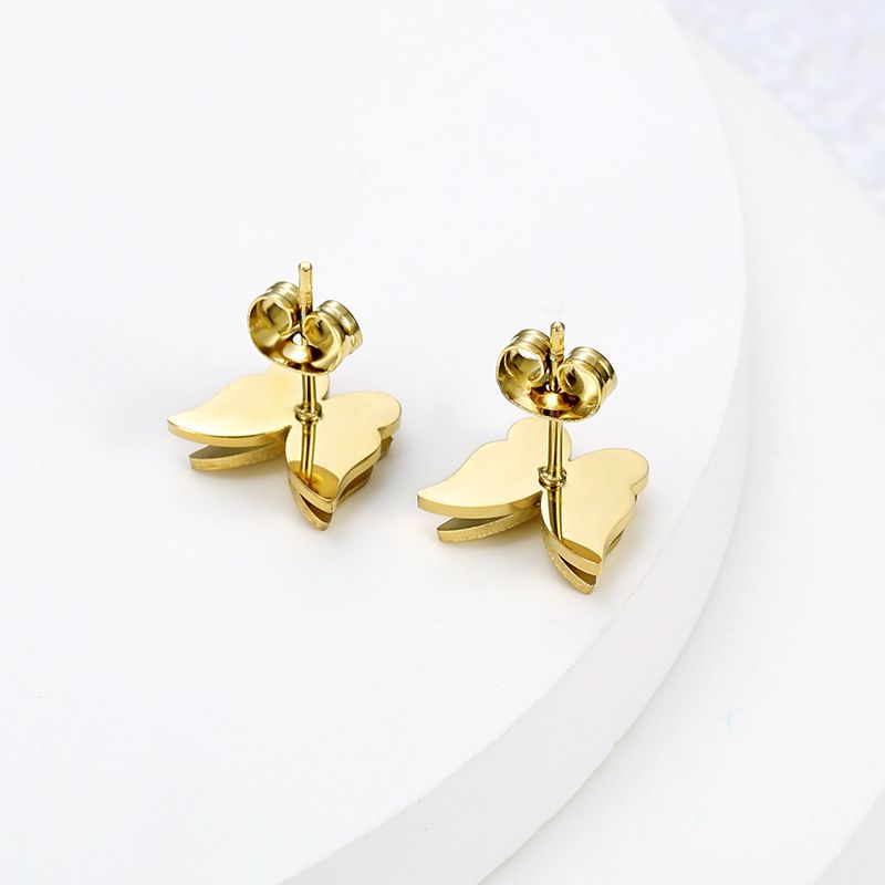 New Double Butterfly 18k Gold Plated Stainless Steel Women's Stud Earrings | Wholesale Jewelry Only 2