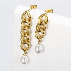 Hip-Hop Artificial Pearls 18k Gold Plated chain titanium steel women's earrings | Wholesale Jewelry Only