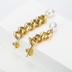 Hip-Hop Artificial Pearls 18k Gold Plated chain titanium steel women's earrings | Wholesale Jewelry Only