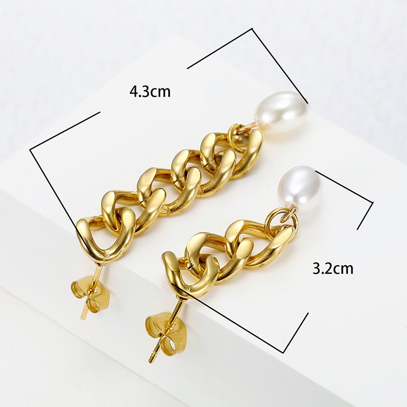 Hip-Hop Artificial Pearls 18k Gold Plated chain titanium steel women's earrings | Wholesale Jewelry Only 2