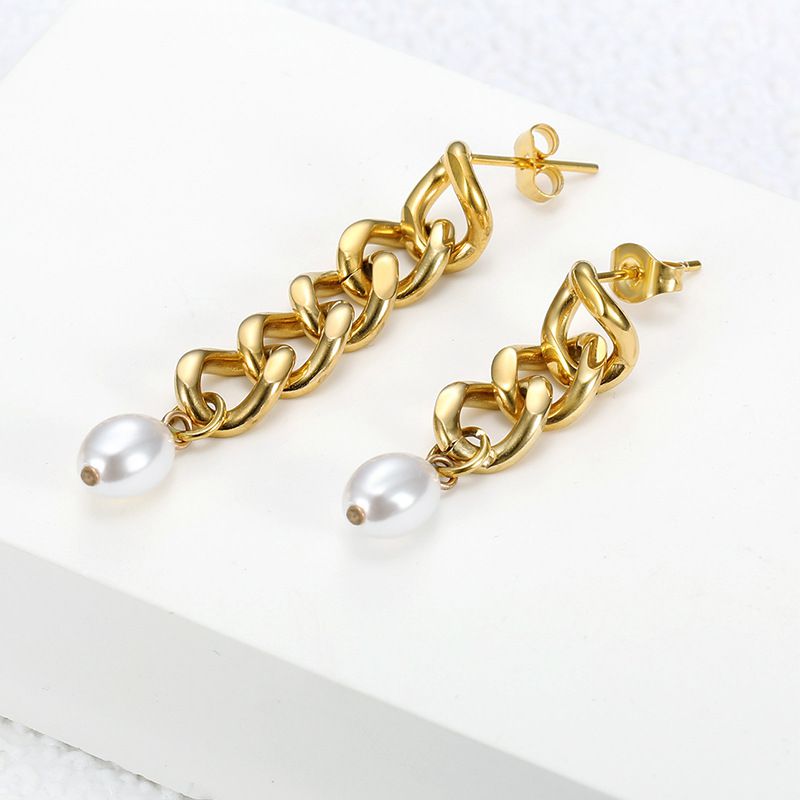 Hip-Hop Artificial Pearls 18k Gold Plated chain titanium steel women's earrings | Wholesale Jewelry Only 3