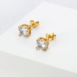 Women's 18k Gold Plated Zirconia Four Claw Steel Titanium Stud Earrings | Wholesale Jewelry Only