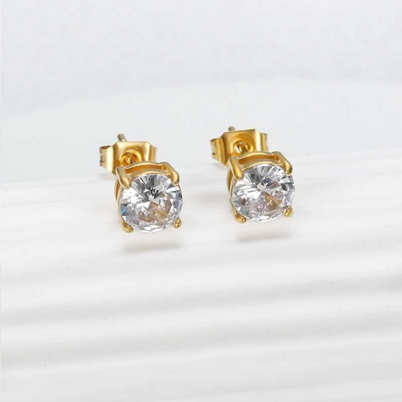 Women's 18k Gold Plated Zirconia Four Claw Steel Titanium Stud Earrings | Wholesale Jewelry Only 2