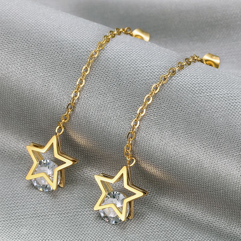 European Fashion Star Zirconia Tassel Women's Titanium Steel Earrings | Wholesale Jewelry Only 0