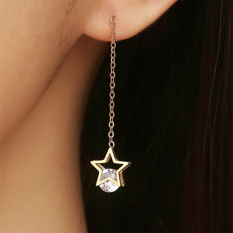 European Fashion Star Zirconia Tassel Women's Titanium Steel Earrings | Wholesale Jewelry Only 1