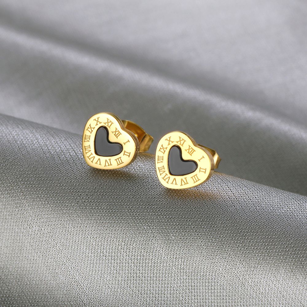Stylish Titanium Roman Numeral Black Heart Stud Earrings | Wholesale Jewelry Only 1