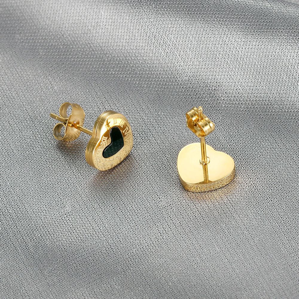 Stylish Titanium Roman Numeral Black Heart Stud Earrings | Wholesale Jewelry Only 2