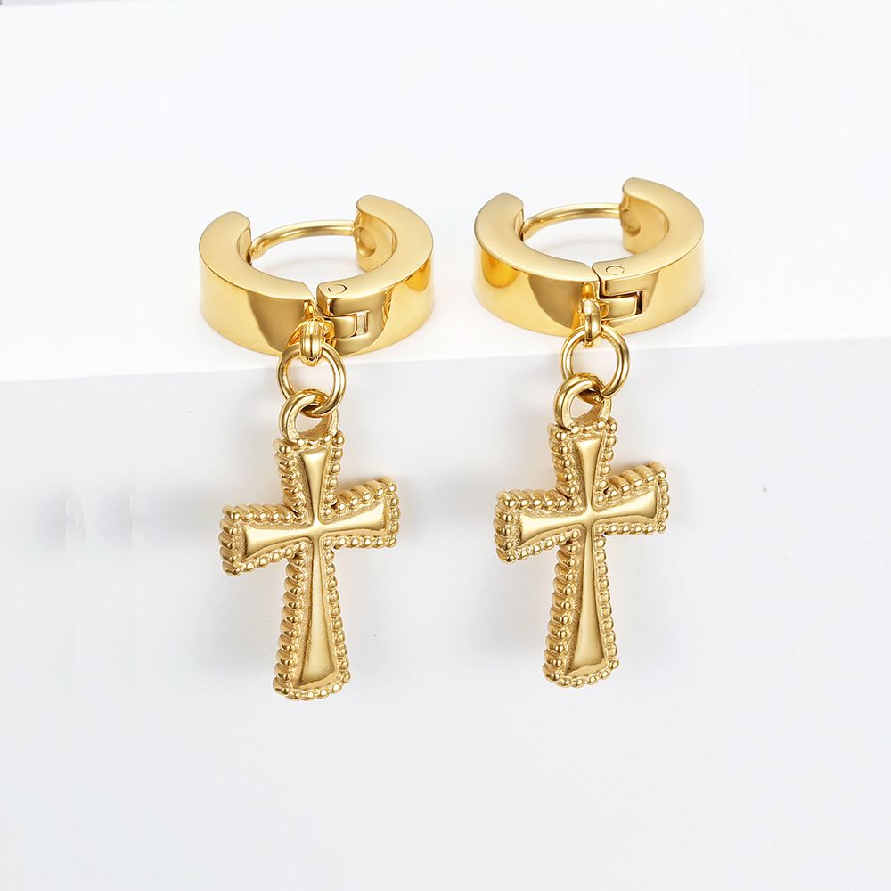 Hip Hop Fashion Cross Round 18k Gold Plated Titanium Clips Earring | Wholesale Jewelry Only 0