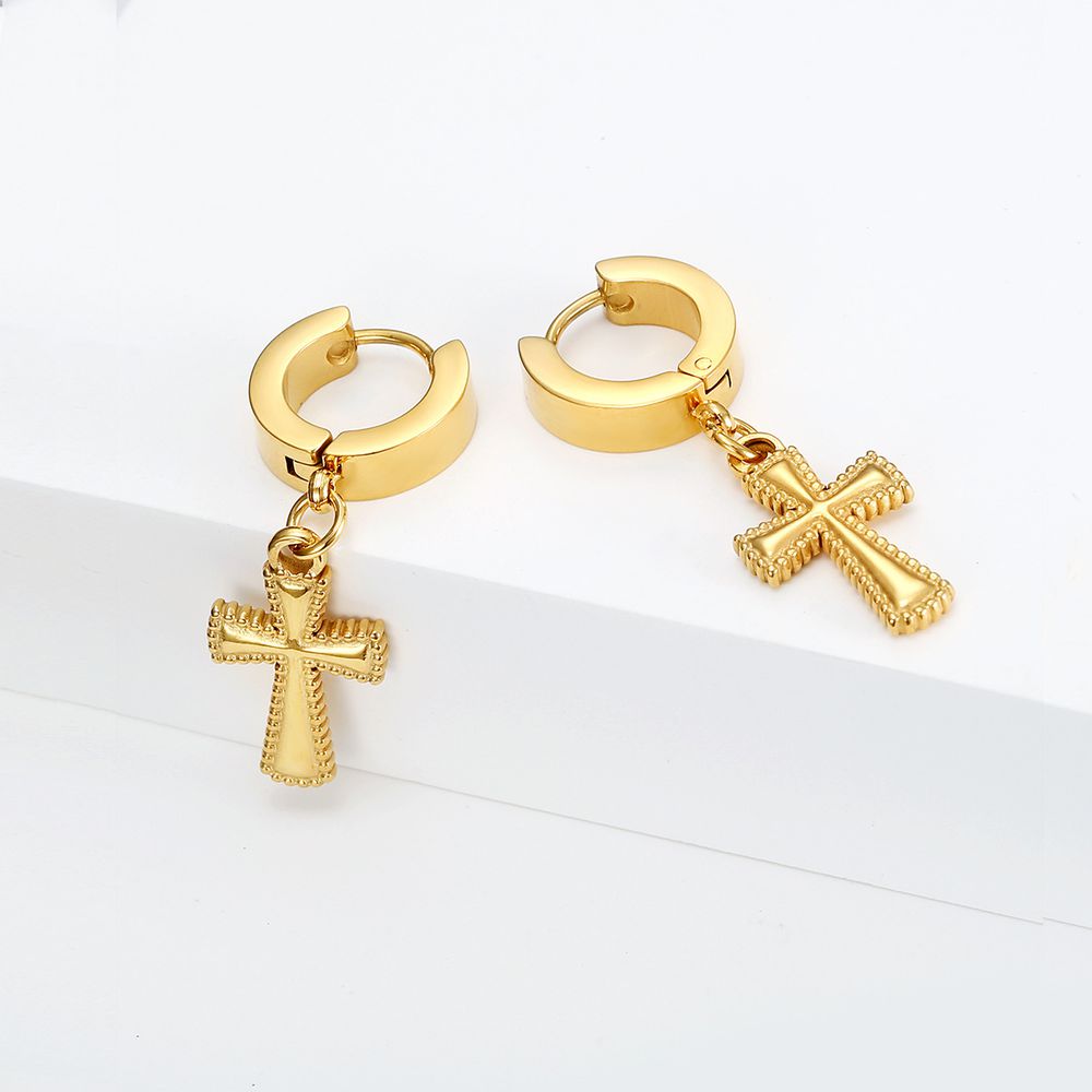 Hip Hop Fashion Cross Round 18k Gold Plated Titanium Clips Earring | Wholesale Jewelry Only 3